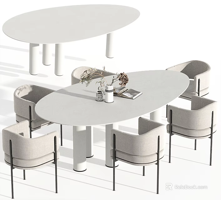 Modern Oval White Dining Table Set with Light Gray Chairs and Black Legs 3d model 