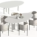 Modern Oval White Dining Table Set with Light Gray Chairs and Black Legs 3d model