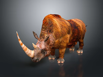 Brown and Red Furred Rhinoceros with Long Horn Standing on Dark Background 3d model