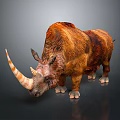 Brown and Red Furred Rhinoceros with Long Horn Standing on Dark Background