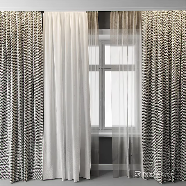 Modern Double Layer Curtains with Textured Outer and Sheer Inner Panels for Window Natural Light 3d model