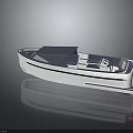 White and Blue Recreational Boat With Canopy Dashboard Seats And Red White Blue Flag