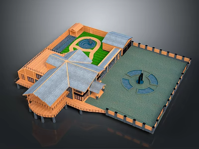 Traditional Wooden Architecture with Multiple Sloped Roofs Courtyard Lawn Pond And Circular Pattern Statue 3d model
