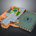 Traditional Wooden Architecture with Multiple Sloped Roofs Courtyard Lawn Pond And Circular Pattern Statue