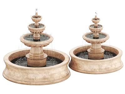 Two Multi Tiered Stone Water Fountains With Circular Basins And Decorative Design 3d model