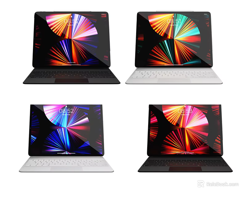 Four Modern Laptops Featuring Sleek Design and Vibrant Colorful Display Graphics on Screen 3d model 