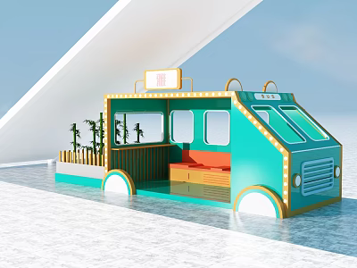 Turquoise Cartoon Food Truck With Orange Seats Sign And Green Plants 3d model