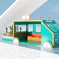 Turquoise Cartoon Food Truck With Orange Seats Sign And Green Plants