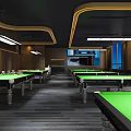 Modern Billiard Room Interior With Green Pool Tables Golden Ceiling Lines And Large Windows