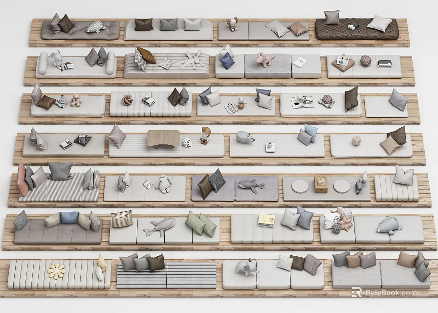 Various Sofa Designs And Home Decor Items Arranged In Display Rows 3d model