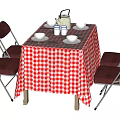 Red And White Checkered Tablecloth Dining Table Set With Four Red Chairs Tableware Teapot Cups 3d model