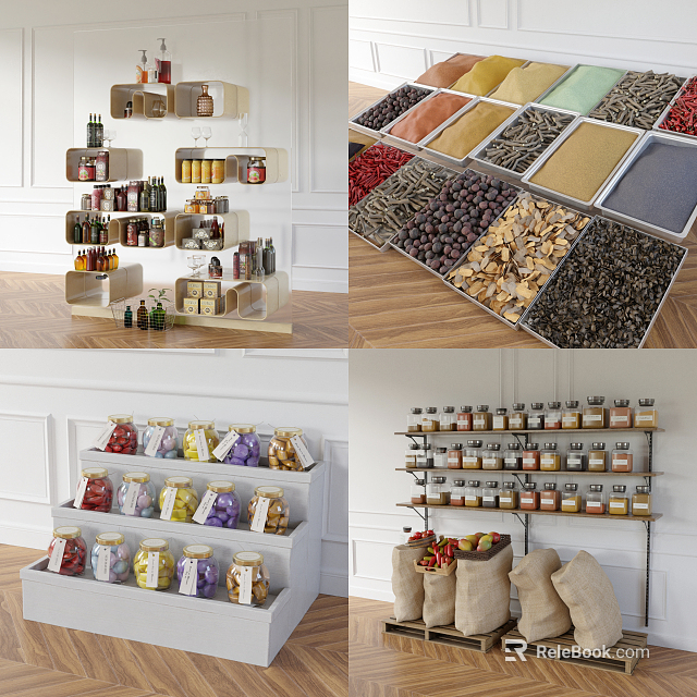 Organized Display Shelves with Canned Goods Bottled Spices Grains and Beans for Retail Storage Solutions 3d model 