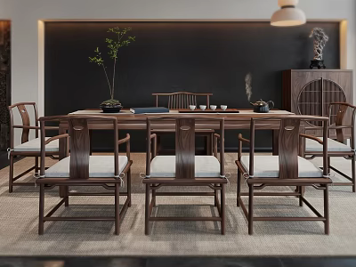 Chinese Style Wooden Tea Table And Chairs Interior With Tea Set Green Plant And Cushions 3d model