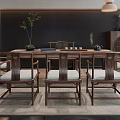 Chinese Style Wooden Tea Table And Chairs Interior With Tea Set Green Plant And Cushions