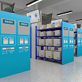 Smart Storage Cabinets In Indoor Warehouse With Blue Shelves And Digital Screens