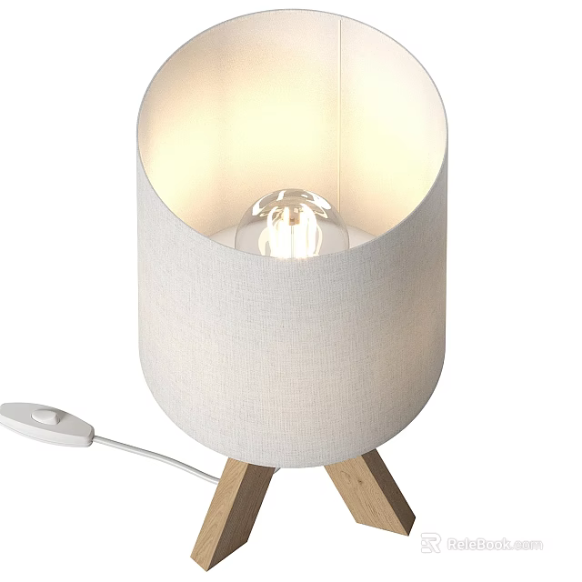 Modern Floor Lamp With White Fabric Shade Wooden Tripod Base On Off Switch And Cable 3d model 