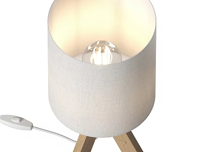 Modern Floor Lamp With White Fabric Shade Wooden Tripod Base On Off Switch And Cable 3d model