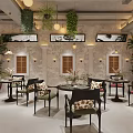 Modern Café Interior With Chandelier White Curtains Large Windows Sofa And Rug