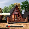 Wooden Cabin with Triangular Roof and Wooden Deck in Lush Natural Surroundings