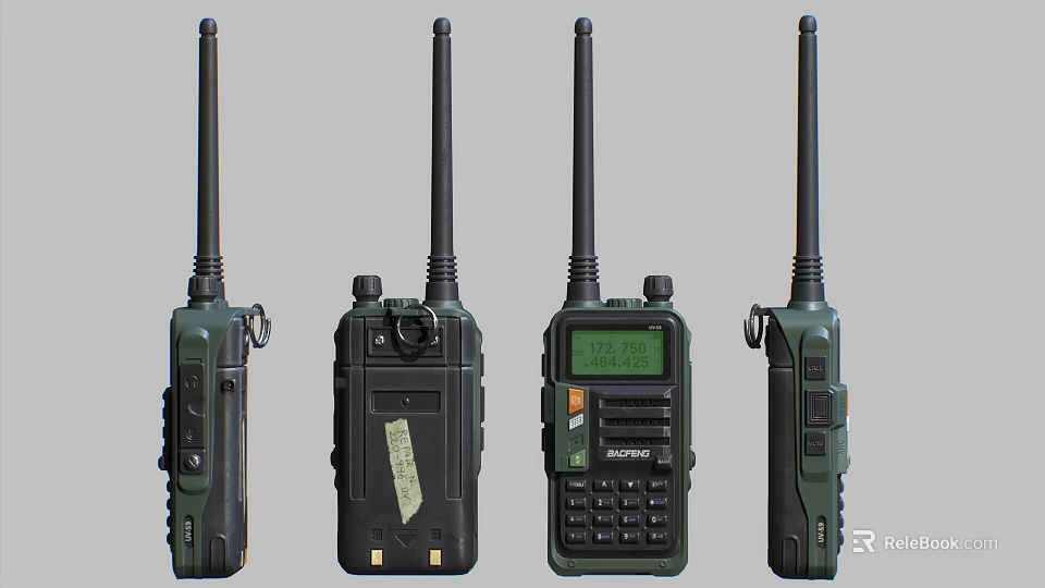 Four Green Black Walkie Talkies With Long Antennas Screens And Keypads Design 3d model 