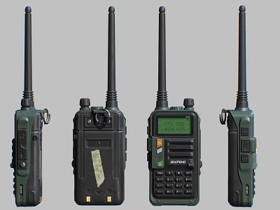 Four Green Black Walkie Talkies With Long Antennas Screens And Keypads Design 3d model