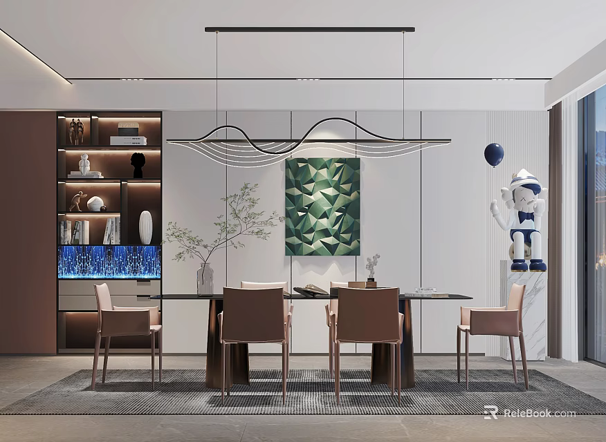 Modern Restaurant Interior With Dining Table Pendant Light And Decorative Painting 3d model 