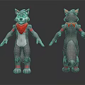 3D Wolf Character Front Back Views with Gray Fur Red Bandana White Belly Green Eyes