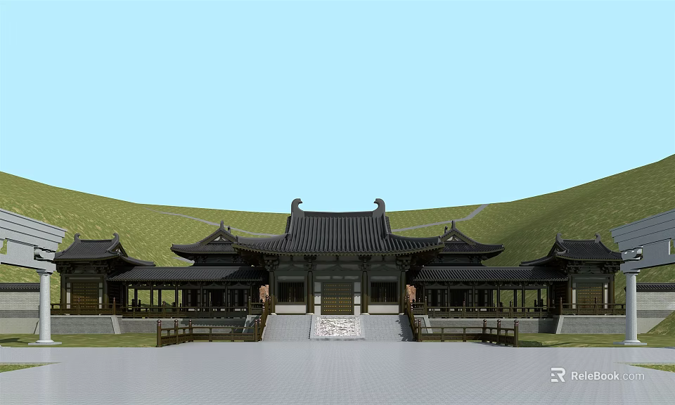 Traditional Chinese Ancient Architecture With Curved Eaves Black Roof Stone Steps And Green Hillside 3d model 