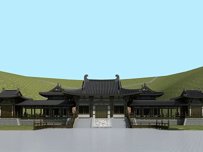 Traditional Chinese Ancient Architecture With Curved Eaves Black Roof Stone Steps And Green Hillside 3d model