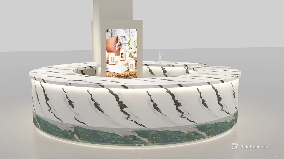 Modern Round Bar Counter Design With Marble Top Black White Veins And Lighting 3d model 