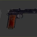 Vintage Pistol With Red Textured Grip And Separate Magazine On Dark Reflective Background