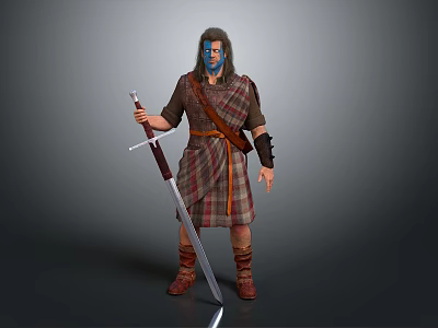 Warrior Character With Blue Face Paint Holding Sword In Kilt Attire 3d model