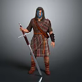 Warrior Character With Blue Face Paint Holding Sword In Kilt Attire