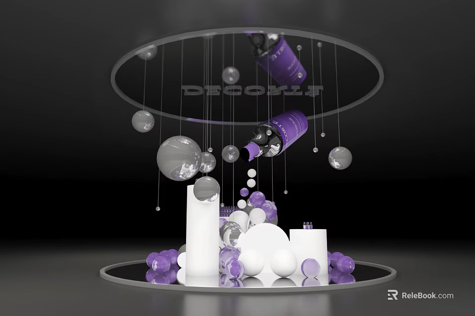 Purple And Silver Decorative Balls With Hanging Bottles On Round Display Stand 3d model 