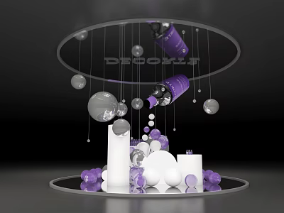 Purple And Silver Decorative Balls With Hanging Bottles On Round Display Stand 3d model