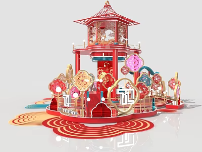 Traditional Chinese Festival Decoration With Red Pavilion Lanterns And Gold Accents 3d model