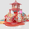 Traditional Chinese Festival Decoration With Red Pavilion Lanterns And Gold Accents