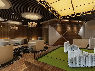 Modern Sales Office Interior With Building Models Chandeliers And Wooden Walls 3d model