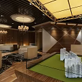 Modern Sales Office Interior With Building Models Chandeliers And Wooden Walls