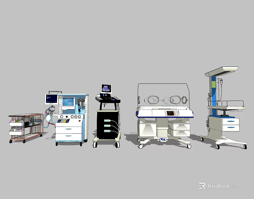 Essential Mobile Medical Devices for Hospitals Including Trolleys Monitors Incubators IV Stands 3d model 