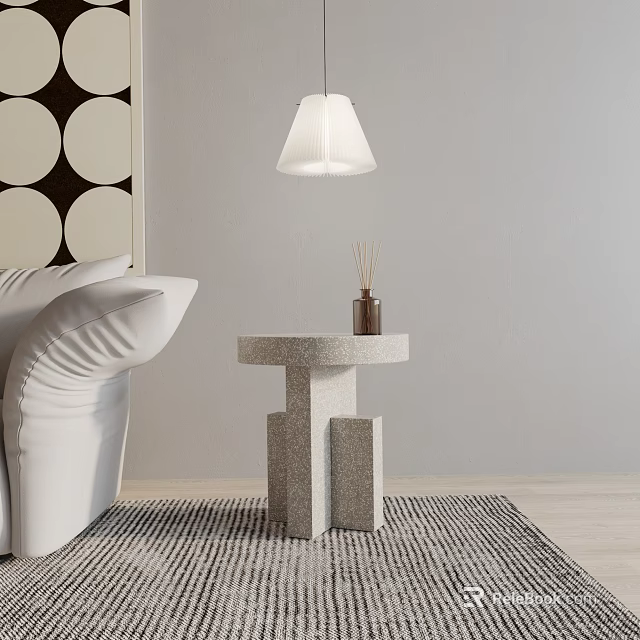 Modern Stone Side Table In Living Room With White Sofa Rug And Diffuser 3d model