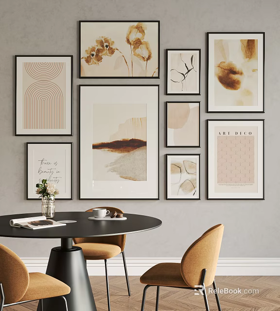 Modern Interior Design With Framed Artworks Black Round Table Vase And Chairs 3d model 