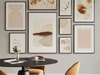 Modern Interior Design With Framed Artworks Black Round Table Vase And Chairs 3d model