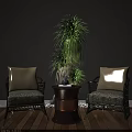 Cozy Lounge Area With Wicker Chairs Patterned Cushions Brown Cylindrical Table And Tall Green Plant