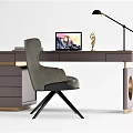 Modern Home Office Desk With Gray Chair Laptop Black Table Lamp And Storage Drawers
