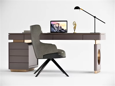 Modern Home Office Desk With Gray Chair Laptop Black Table Lamp And Storage Drawers 3d model