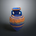 Blue And Orange Ceramic Sculpture With Double Handles And Decorative Patterns 3d model