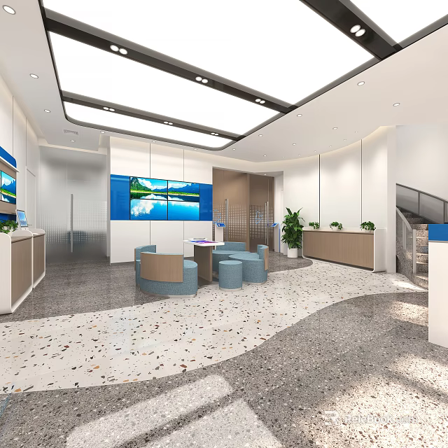 Modern Bank Interior With Spacious Lobby Digital Screens Comfortable Seats And Green Plants 3d model 