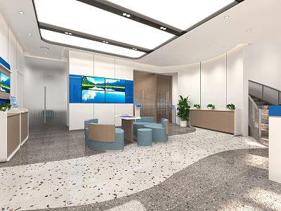 Modern Bank Interior With Spacious Lobby Digital Screens Comfortable Seats And Green Plants 3d model