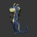 Cartoon Fantasy Game Movie Character With Blue Skin Large Ears Feather Headdress Necklace Holding Staff